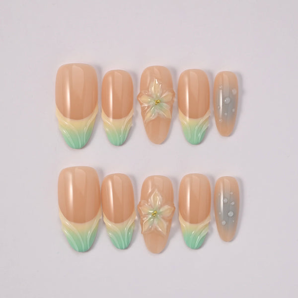 Set completo press on nails Brezza Floreale Blubella con sfumature verdi realizzate a mano, fiori 3D in gel modellante e design botanico artistico per primavera
