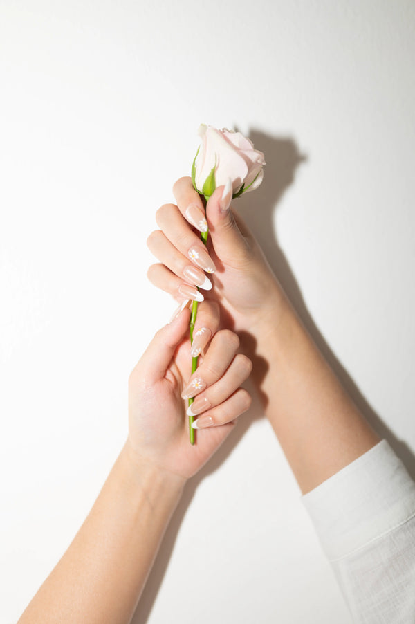 Mani con press on nails Margherite Delicate e banconote, rappresentando lusso accessibile della nail art artigianale dipinta a mano con french tip delicato