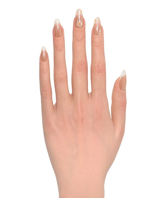 Mano palmo aperto con press on nails Margherite Delicate mostrando french tip sfumato e margherite dipinte meticolosamente da artisti italiani
