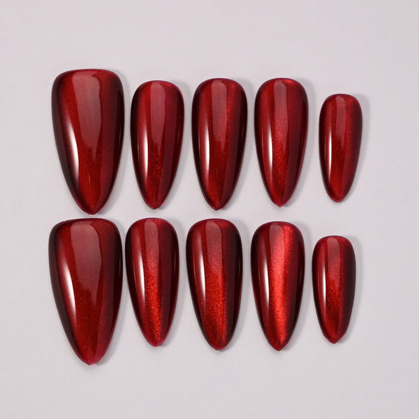 Set press on nails Rosso Seducente Blubella, effetto specchio metallizzato con finitura cat eyes e tecnologia cromata avanzata handmade Italia