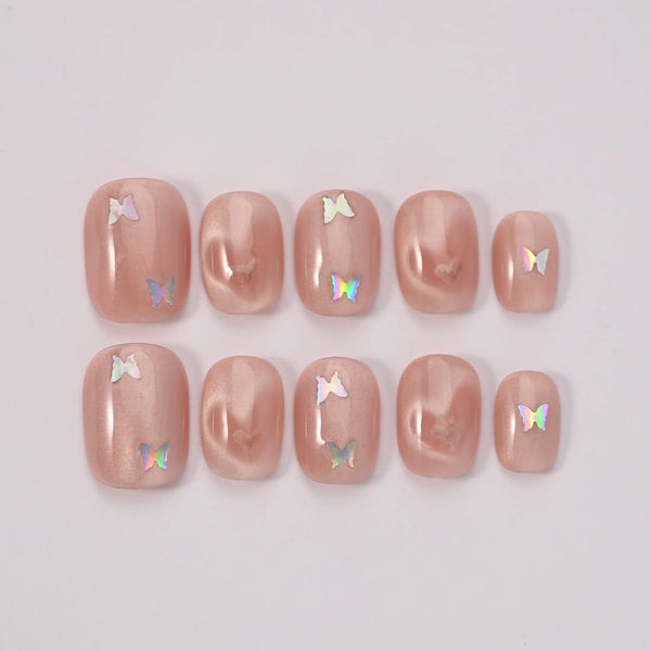 Farfalle Rosa primavera indossate - butterfly press on nails in gel wearing spring look, nail art italiana delicata femminile