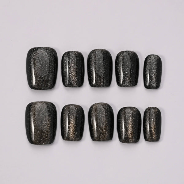 Set completo 10 press on nails Blubella Notte Scintillante effetto nero glitter metallico, unghie finte premium riutilizzabili per look elegante serale