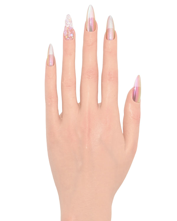 Press on nails chrome cangiante base perlata iridescente, brand italiano Blubella kit applicazione incluso