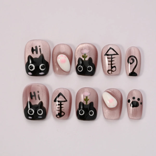 Set completo unghie finte Disegno Giocoso con character art kawaii a forma gatto, decorazioni multiple fatte a mano Blubella