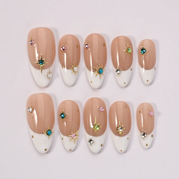 Unghie finte in gel Cristalli Delicati riutilizzabili artigianali, french manicure con cristalli Swarovski, press on nails Blubella