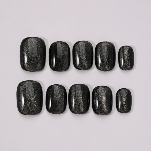 Look completo press on nails Notte Scintillante su entrambe le mani, effetto nero scintillante per occasioni speciali e serate eleganti